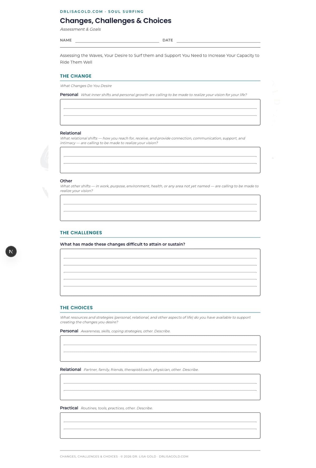 Soul Surfing Prep worksheet — blank printable form